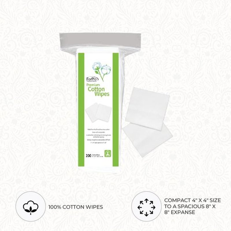 ForPro Professional Collection Premium Cotton Wipes, 100% Cotton, Extra-Soft, for Cosmetic, Nail, and Personal Care, 4” x 4”, 200-Count