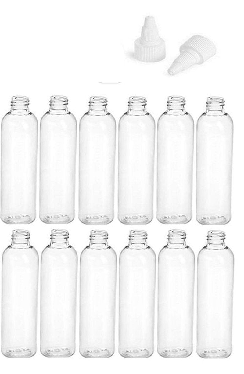 8 Ounce Cosmo Round Bottles, PET Plastic Empty Refillable BPA-Free, with White Twist Top Caps (Pack of 12) (Clear)