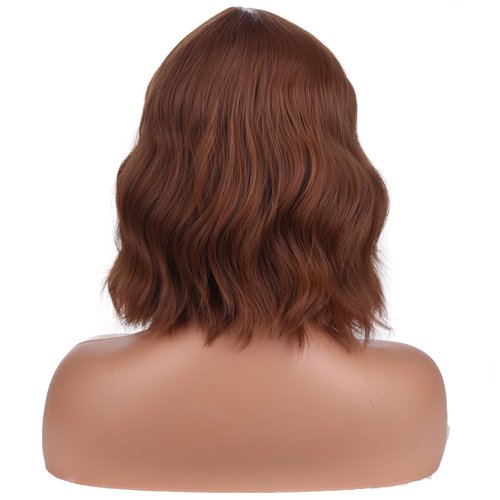 MAGQOO Brown Wig for Women Brown Bob Wigs with Bangs Shoulder Length Curly Wavy Brown Wigs Costume Cosplay Halloween Wigs with Wig Cap