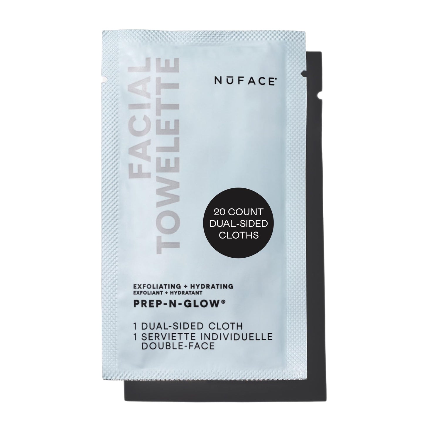 NuFACE Prep-N-Glow Facial Towelettes - 2-in-1 Exfoliating + Cleansing Makeup Remover Wipes, Hyaluronic Acid Travel Face Wipes to Hydrate & Brighten for Glowing Skin - 20 Individually Wrapped Cloths