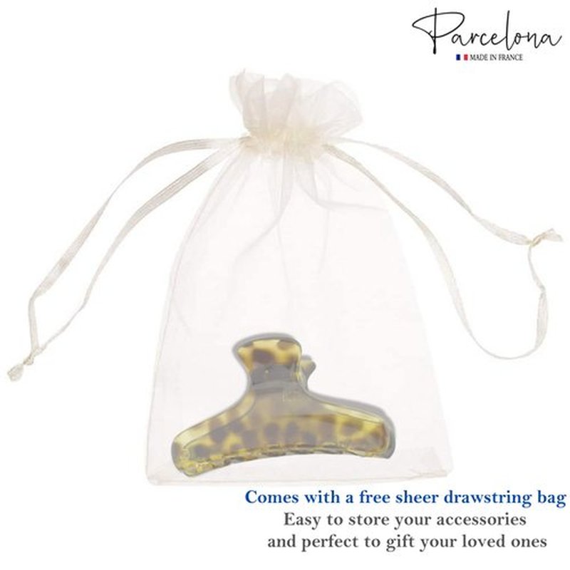Parcelona French Flat Salon Style Medium 3 1/4" Celluloid Covered Spring No Slip Grip Jaw Hair Claw Durable Styling Paris Hair Accessories Women Strong Hold Girls Hair Claw Clips, Made in France (Leopard Print)