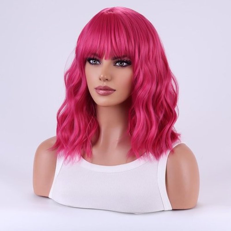 MAGQOO Hot Pink Wig Magenta Wig Women Hot Pink Bob Wig Short Curly Wavy Wig Pink Wig with Bangs Synthetic Heat Resistant