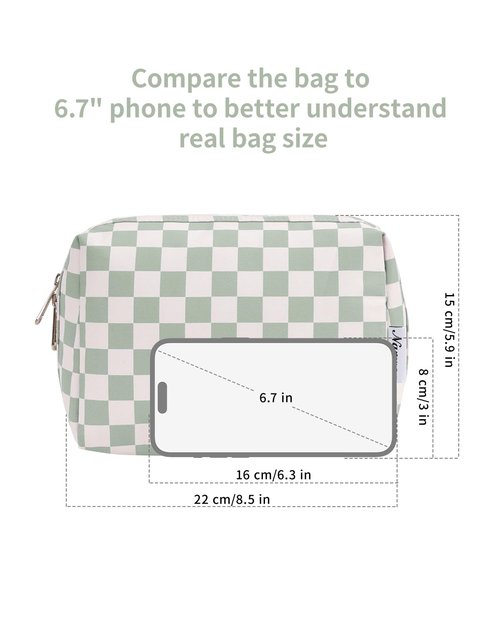 Narwey Large Checkered Makeup Bag Zipper Pouch Travel Cosmetic Bag Organizer for Women (Large, Mint Green Checkerboard)