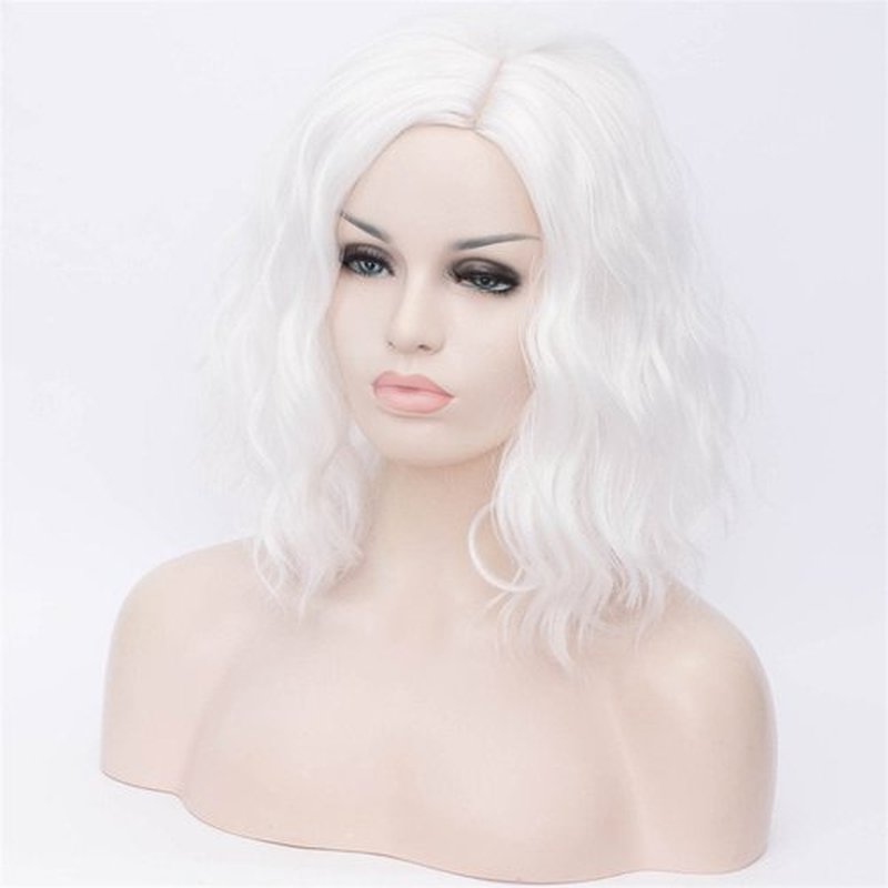 Cying Lin Short Bob Wavy Curly Wig White Wig For Women Cosplay Halloween Wigs Heat Resistant Bob Party Wig Include Wig Cap (White)