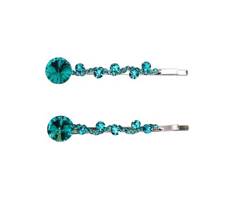 Faship A Pair Of Teal Premium Rhinestone Crystal Rhinestone Floral Hair Clips 2 Pcs Pins - Teal