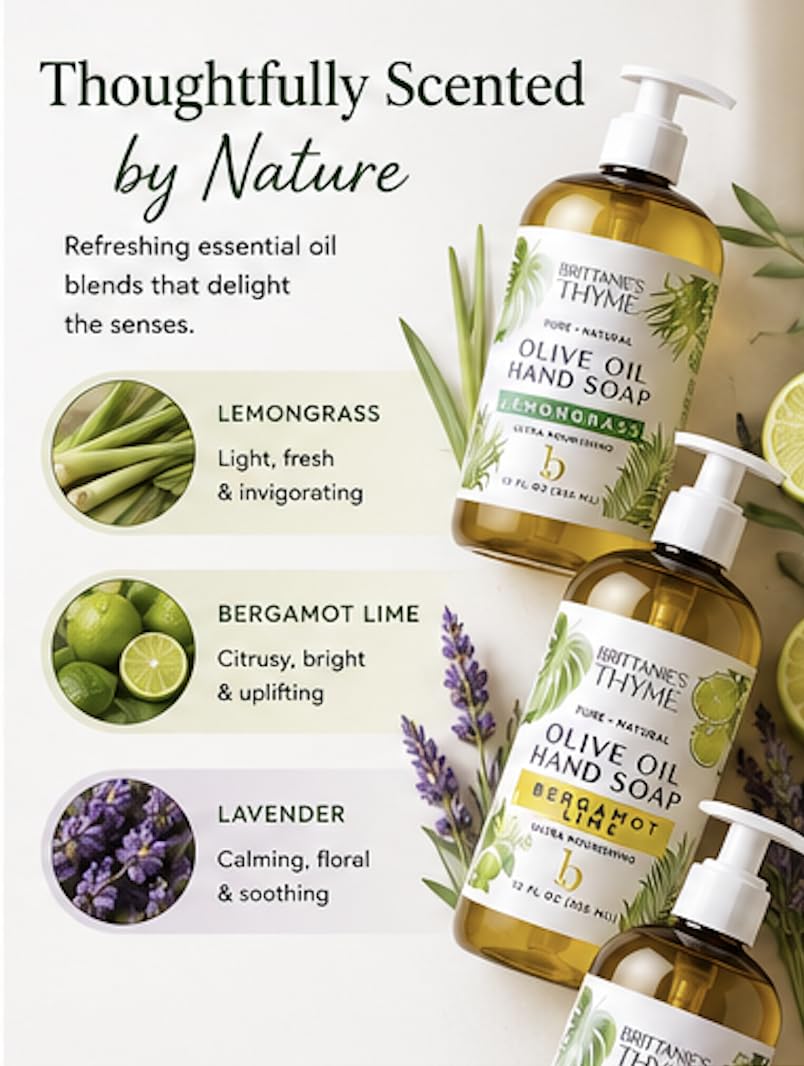 Brittanie’s Pure Castile Liquid Hand Soap Refill, Bergamot | Lavender | Lemongrass, 12 Ounce Pack of 3 | Dish Soap, Hair & Body, Home, Gentle & Pure, Natural Luxurious Oils, Vegan & Gluten Free
