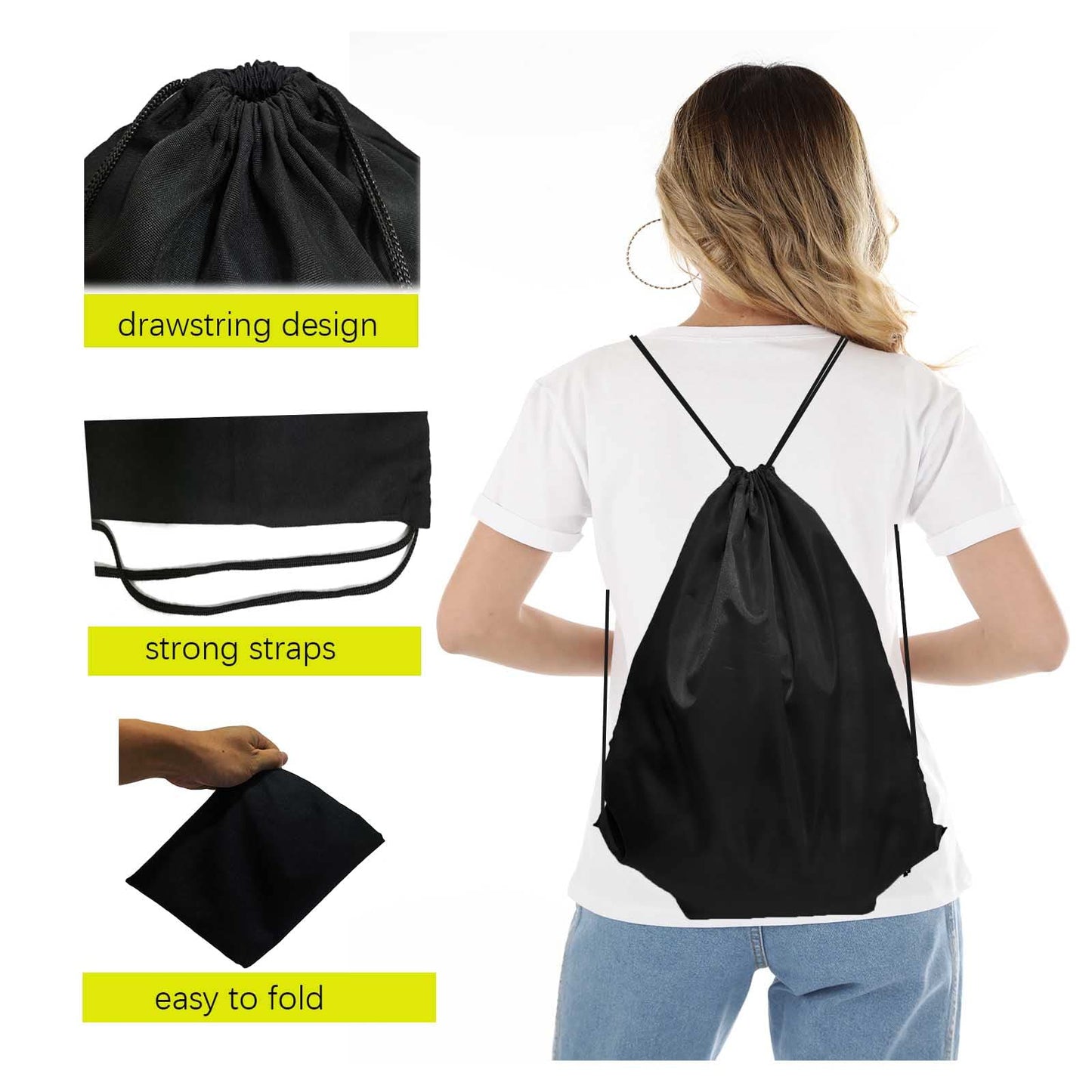 CAIHONG 100 Pack Drawstring Backpack Black Bulk Drawstring Bags Nylon String Backpack Gym Cinch Sack Backpack Sport Bag Draw String Party Bags for Men or Women