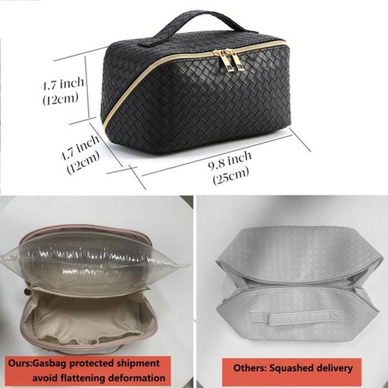 MINGRI Large Capacity Travel Cosmetic Bag for Women,Portable PU Leather Checkered Makeup Bag Water Resistant,Flat Open Multifunctional Storage Toiletry Bag with Divider and Handle (Woven-Black)