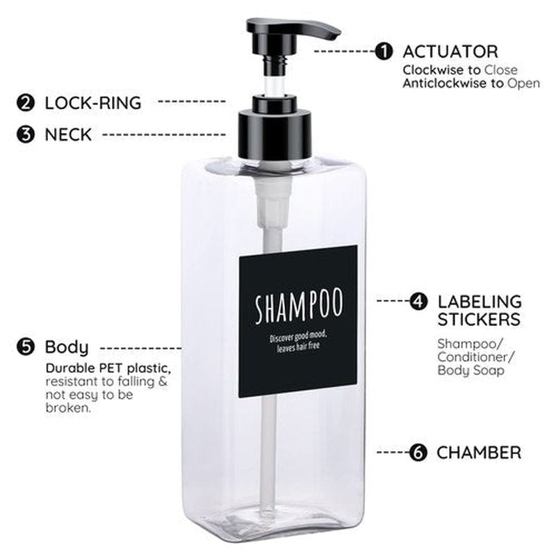 Segbeauty Shampoo Bottles, 3pcs 16.9oz Empty Refillable Pump Dispenser with Labels, 500ml Plastic Reusable Press Lotion Containers for Bathroom Hotel Liquid Soap Body Wash Hand Soap Conditioner Clear