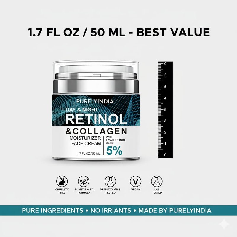 1% Retinol Collagen Cream - Hydrating Anti-Aging Moisturizer with 5% Hyaluronic Acid for Eyes & Face | Smooth Skin, 1.7 oz