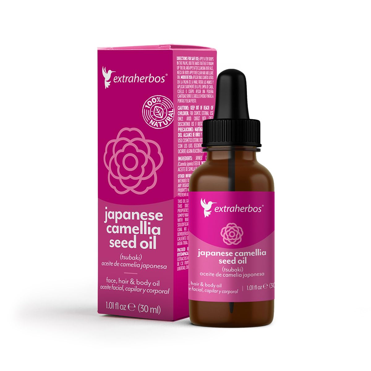 Extraherbos Pure Japanese Camellia Oil (Tsubaki) - 100% Organic Cold-Pressed Face & Hair Oil - Natural Glow & Anti-Aging Moisturizer - Japanese Beauty Secret for Glass Skin - Vegan -1 fl oz