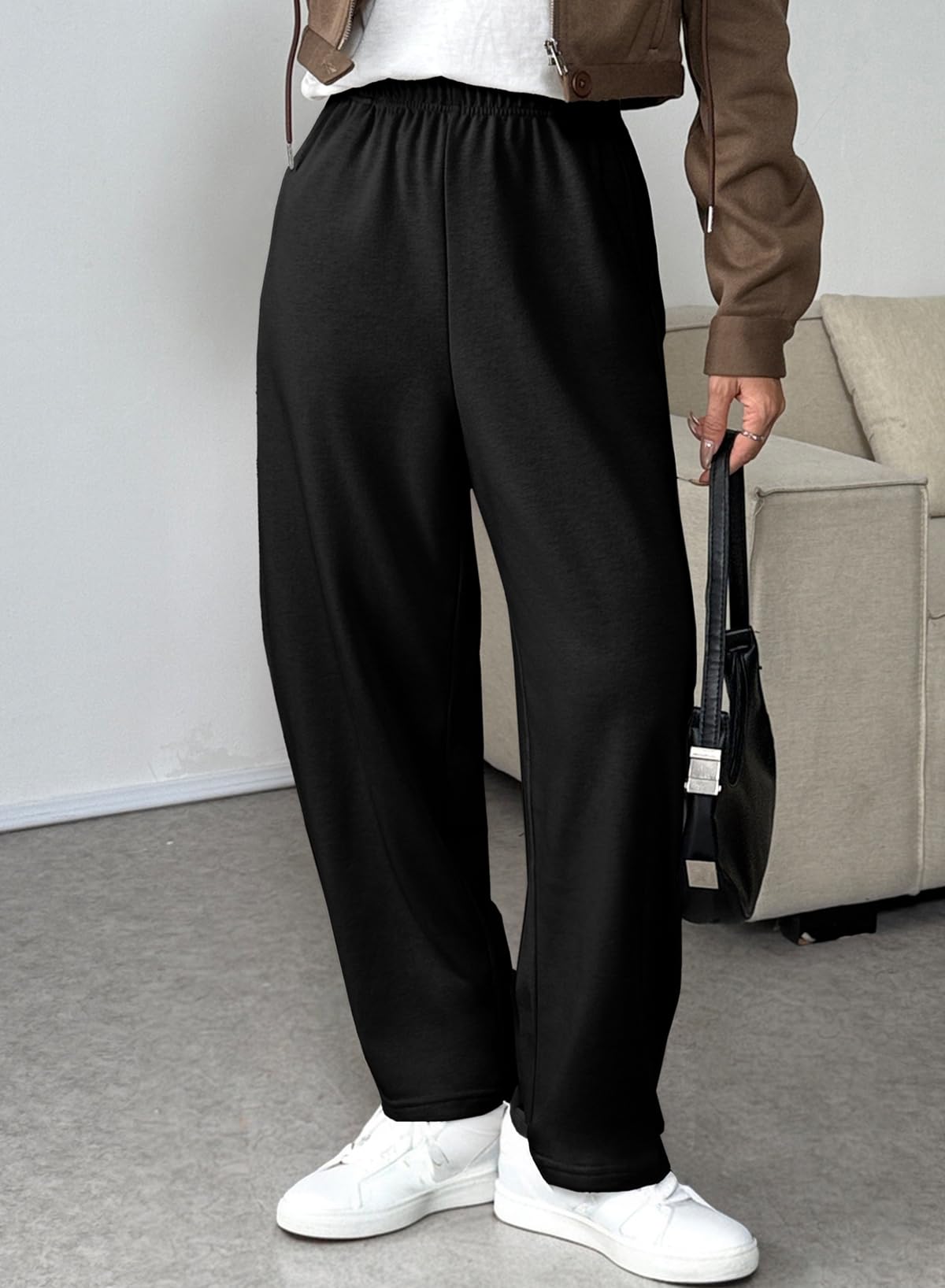 EVALESS Wide Leg Sweatpants Women Fall Clothes Casual Elastic High Waisted Baggy Pants Cropped Length Ballon Joggers with Pockets Black X-Large