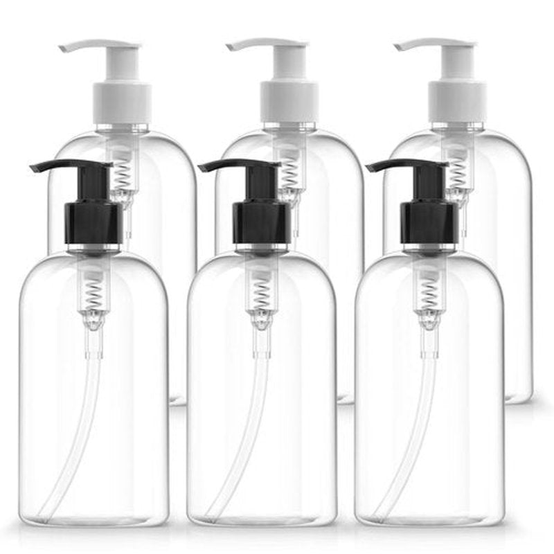 Bar5F 6-Pack Plastic Bottles with Pump Dispenser, 8.5 oz | Leak Proof, Empty, Clear Refillable, BPA Free for Body Wash, Moisturizer, Face Cream, Liquid Soap | Black & White Pumping Caps | Set of Bulk