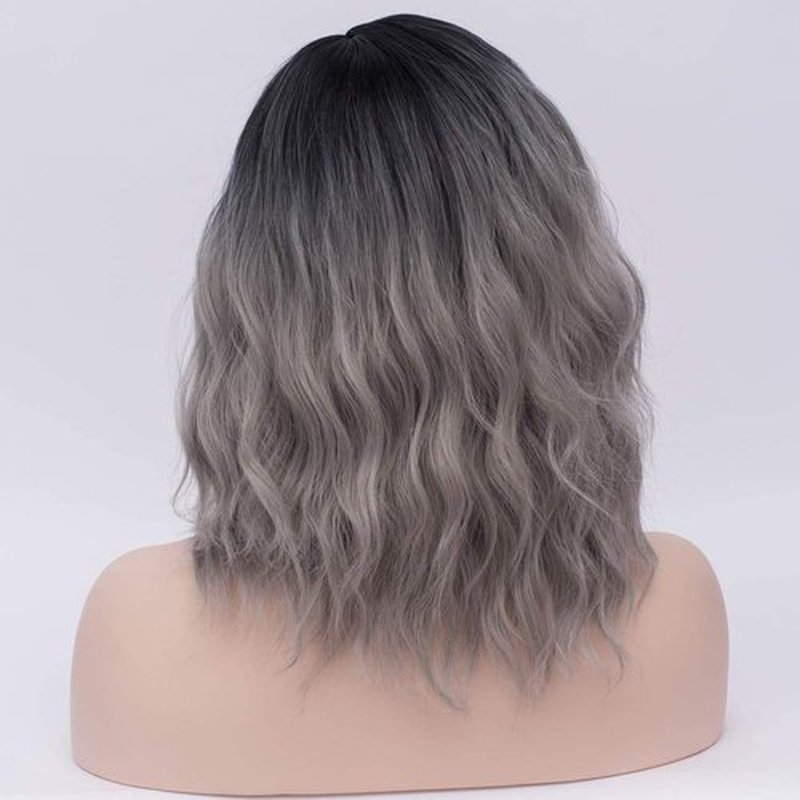 BERON 14" Women Girls Short Curly Bob Wavy Wig Body Wave Halloween Cosplay Daily Party Wigs (Black to Silver Grey)