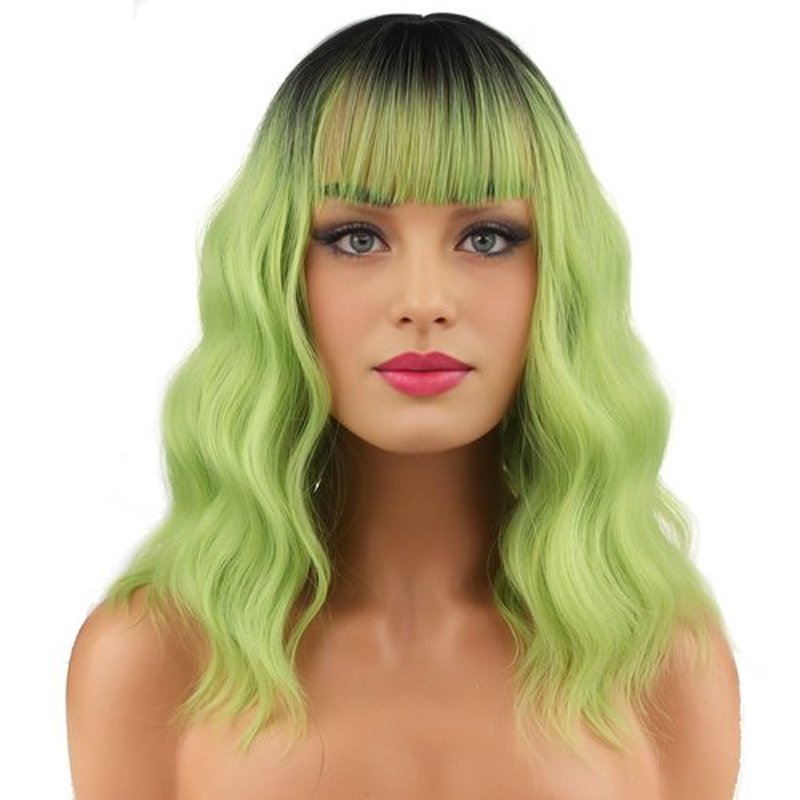 BERON 14 Inches Matcha Green Wig with Bangs Ombre Green Wigs Short Green Wigs for Halloween Party