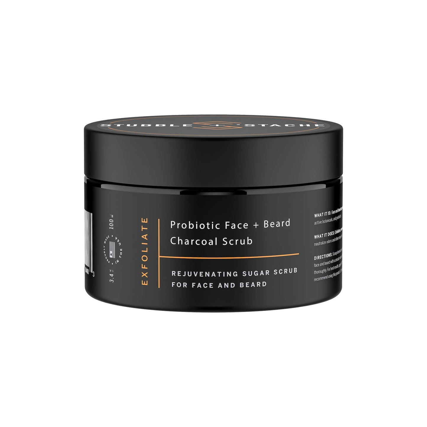 stubble & stache Exfoliating Probiotic Face & Beard Charcoal Sugar Scrub for Men - Deep Cleanse, Pre-Shave Wash, Natural Pore Minimizing Scrub for Daily Use - 3.4 fl oz