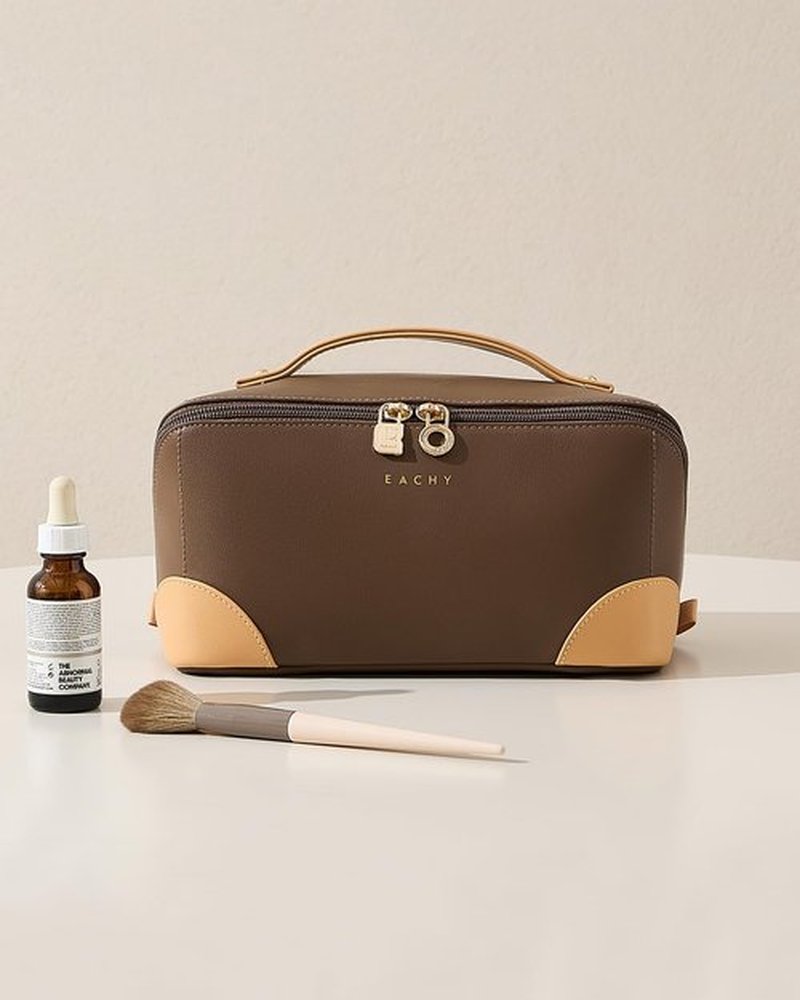 EACHY Travel Makeup Bag,Large Capacity Cosmetic Bags for Women,Waterproof Portable Pouch Open Flat Toiletry Bag Patchwork Makeup Bag (ZY-Brown)