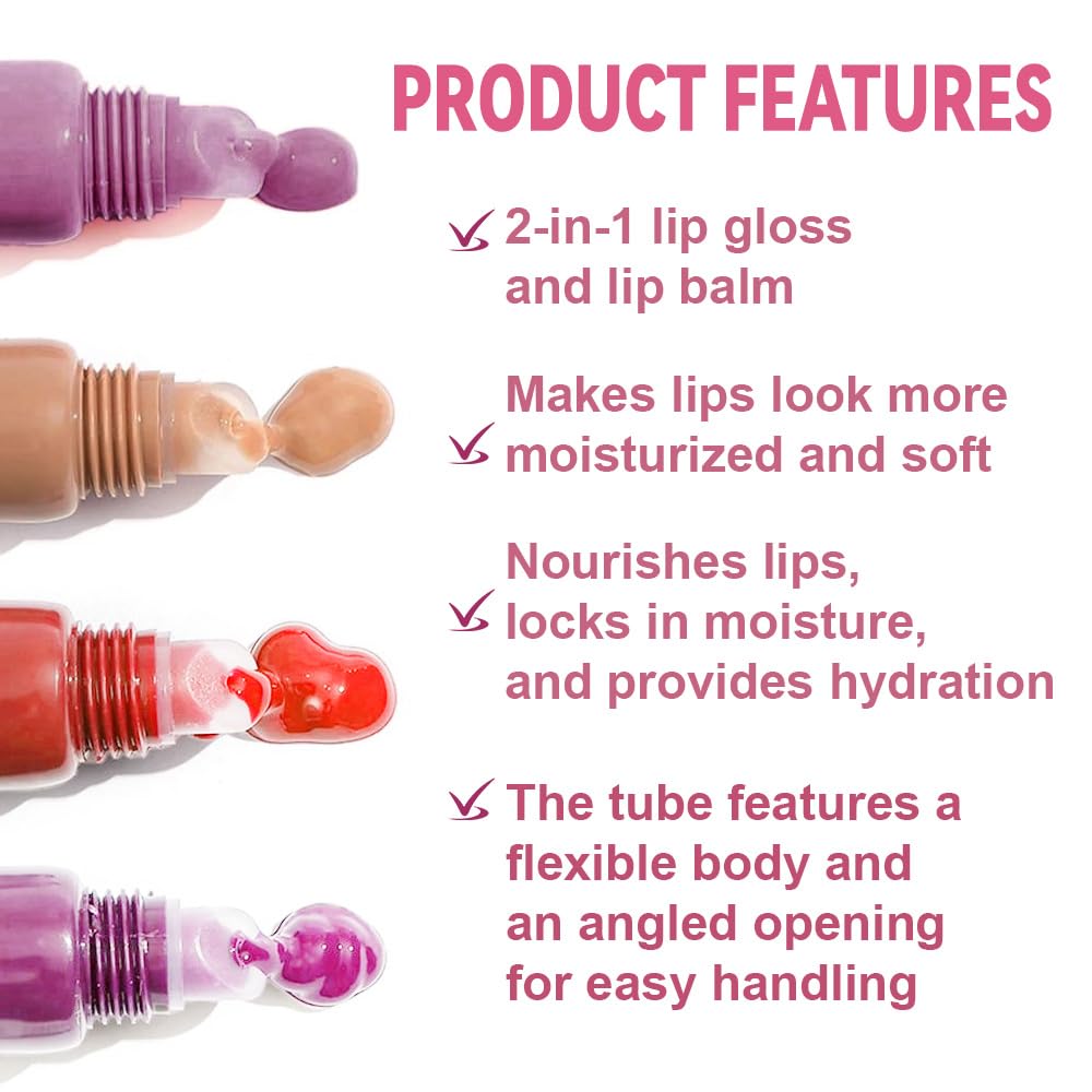 HHLTOH 4Pcs Summer Lip Butter Lip Balm Glow Reviver Lip Gloss, Melting Lip Serum, Ultra-Hydrating Natural Vegan Lip Balm, Sheer-Tinted Shine & Hydration, Soothes & Softens Dry Lips (01+02+04+05)