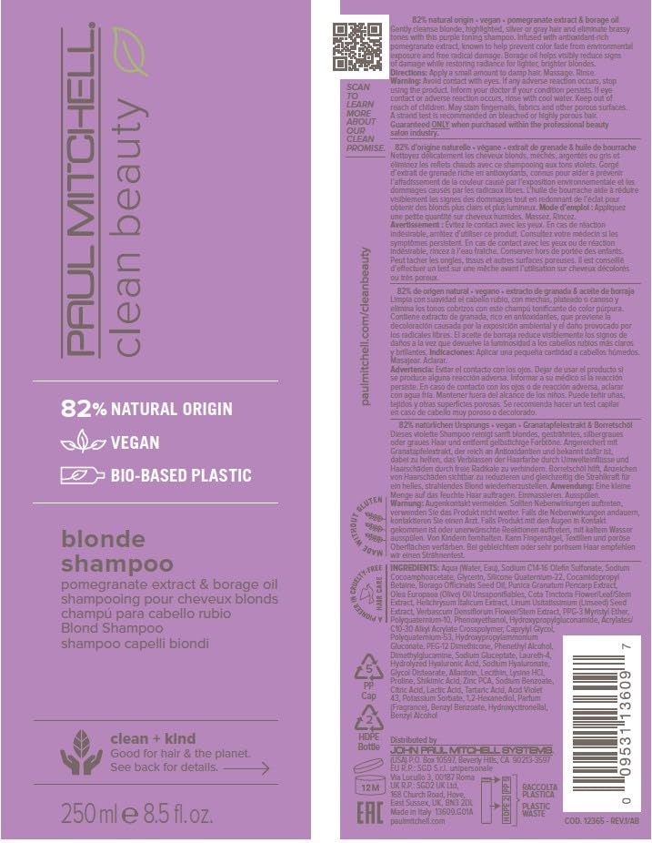 Paul Mitchell Clean Beauty Blonde Purple Shampoo, Gently Cleanses, Eliminates Brassy Tones, For Color-Treated Hair + Naturally Light Hair Colors
