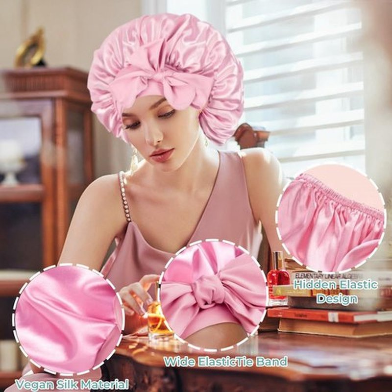 VECIIR Satin Bonnet Silk Bonnet for Sleeping Women, Ajustable Hair Bonnet for Curly Hair with Tie Band Pink, Large