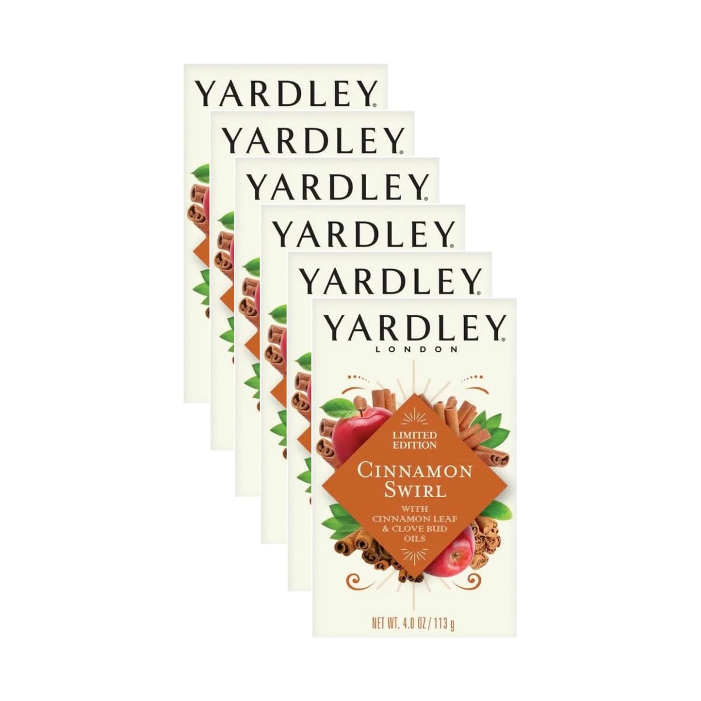 Yardley London Cinnamon Swirl Soap Bar 6 Pack, 4oz Each – Limited Edition Infused with Cinnamon Leaf & Clove Bud Essential Oils, Moisturizing Bath Bar
