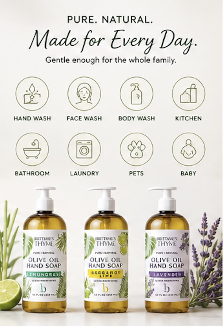 Brittanie’s Pure Castile Liquid Hand Soap Refill, Bergamot | Lavender | Lemongrass, 12 Ounce Pack of 3 | Dish Soap, Hair & Body, Home, Gentle & Pure, Natural Luxurious Oils, Vegan & Gluten Free