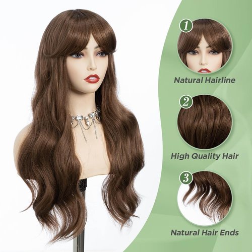 REBECCA STYLE Long Brown Wig with Bangs 24 Inch Long Wavy Wigs with Bangs for Women Synthetic Curly Wigs Hair Replacement Wigs for Girls Daily Party Use Natural Looking (Brown)