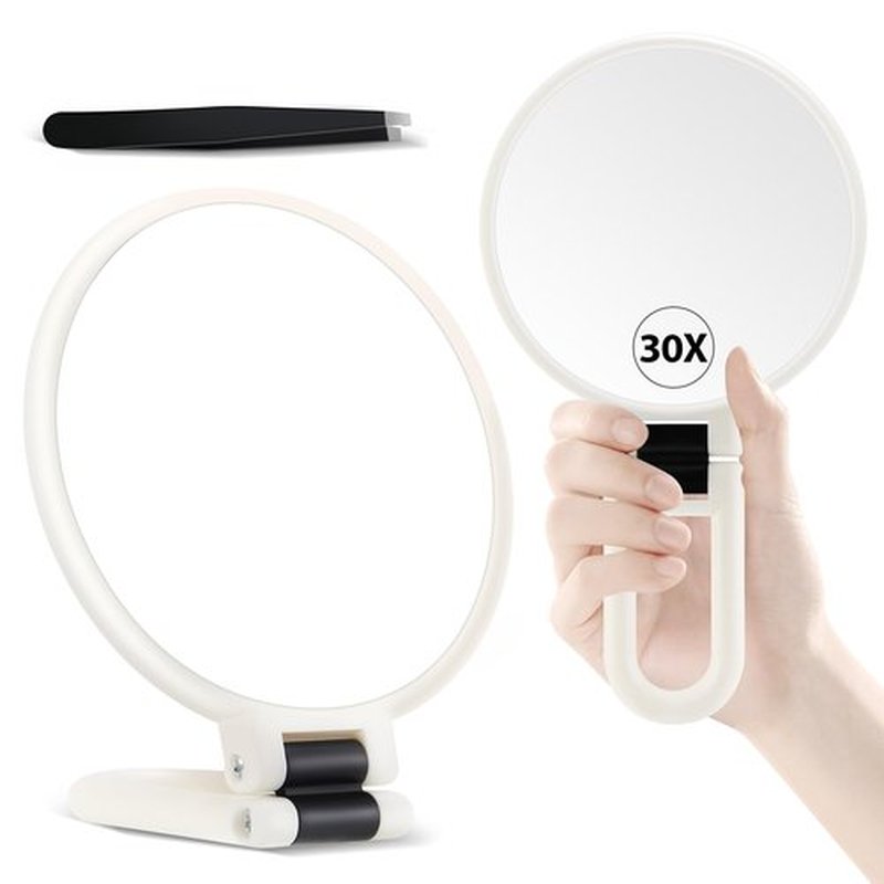 B Beauty Planet Hand Mirror, 30X Magnifying Mirror on Stand, Double Sided Magnifying Mirror with 30X/1X Magnification, 360°Adjustable Handle, Portable Travel Makeup Mirror for Eyebrow Plucking White