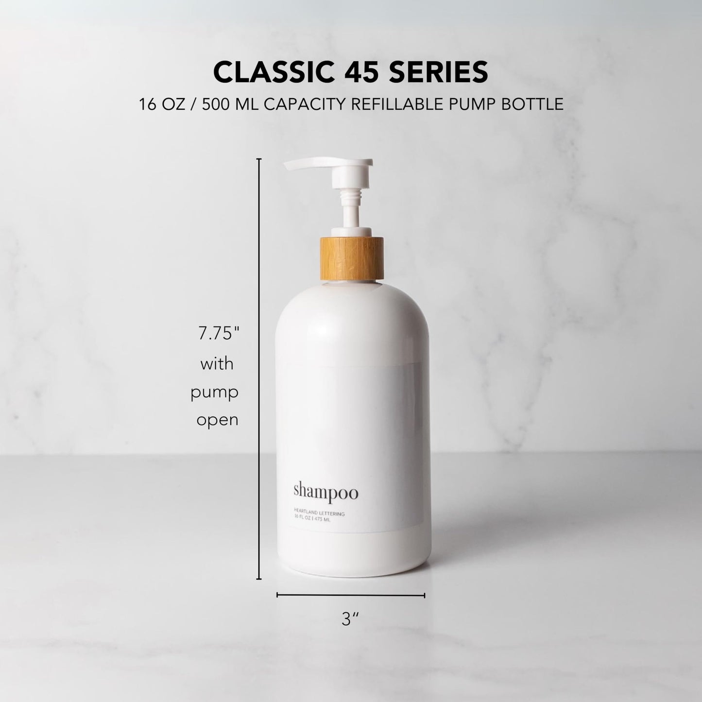 Heartland Lettering Shampoo and Conditioner Dispenser - Modern Refillable Shower Soap Container Set of 3, Plastic Bottles with Waterproof Labels, White Empty Bottle & Bamboo Pumps