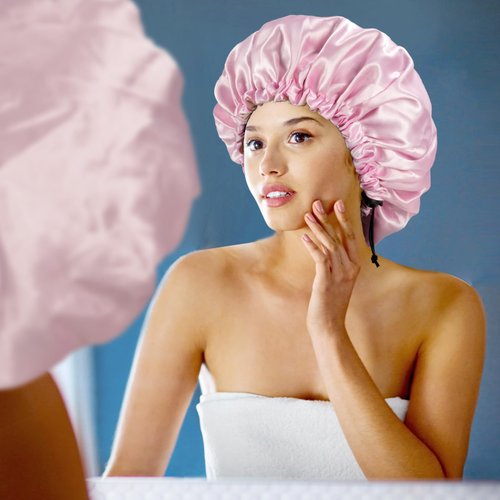 Satin Bonnet Silk Bonnet for Curly Hair Bonnet Braid Bonnet for Sleeping Bonnets for Women Large Double-Layer Adjustable(2Pcs Pink)