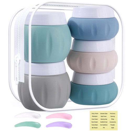 Travel Containers for Toiletries, GLAMFIELDS TSA Approved 2Pcs 1.7oz+3Pcs 1oz Travel Size Silicone Jars BPA Free, Leak-proof Travel Essentials with Lid for Cosmetic Face Hand Body Cream Green(5Pack)