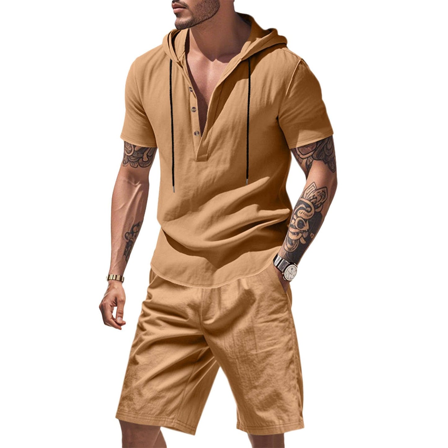 Zaswen Mens Summer 2 Piece Drawstring Short Sleeve Hoodies and Casual Shorts Set Solid Color Loose Fit Vacation Set 2025 Color01 XL