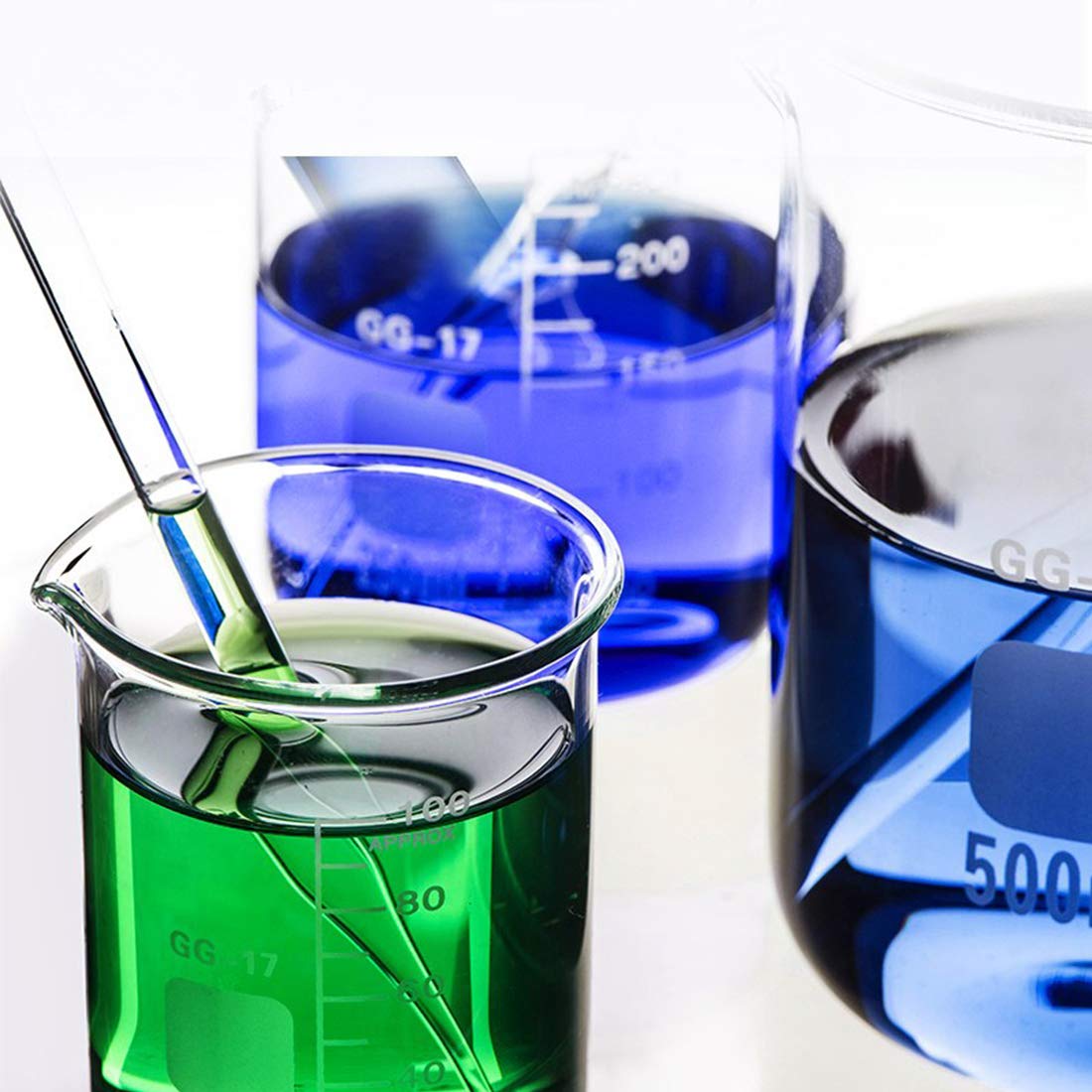 Glass Beakers Set, ZEEROQOLAB 5pcs Measuring Beaker 1000ml 500ml 250ml 100ml 50ml with 2pcs Cleaning Brush, 3pcs Droppers and 2pcs Glass Stirring Rods