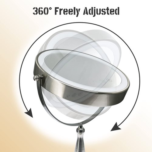 WIZCHARK 9" Large Vanity Mirror with Lights, 1X/10X Magnifying Makeup Mirror with Lighting, 3 Colors Brightness Adjustable, 360°Rotation Double Sided Standing Desk Mirror Brush Nickle