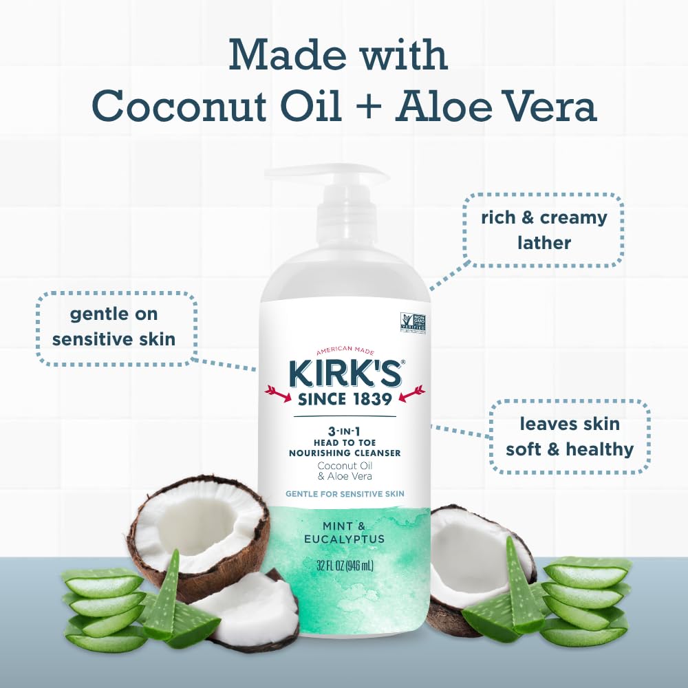Kirk's Mint and Eucalyptus 3-in-1 Nourishing Cleanser, Shampoo Body Wash Bubble Bath, Coconut Oil and Aloe Vera, Vegan Non-GMO, 32 Fl Oz, Pack of 2