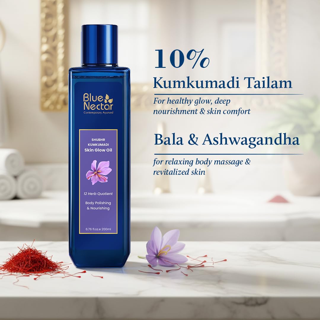 Blue Nectar's Kumkumadi Face Oil, infused with natural herbs for glowing skin (1Fl Oz), & Kumkumadi Moisturizing Body Oil, for dry skin (3.38 Fl Oz).