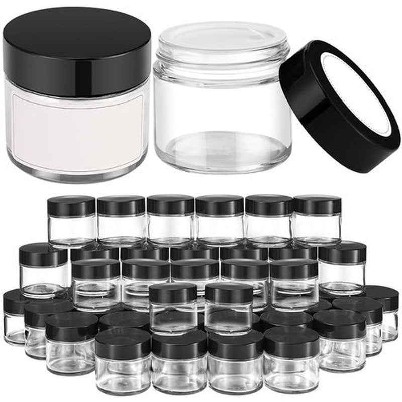 2 oz Small Glass Jars With Lids, Bumobum 48 Pack Clear Cream Jars with Lids, White Labels & Inner Liners, Empty Round Clear Cosmetic Containers for Ointments, Lotions