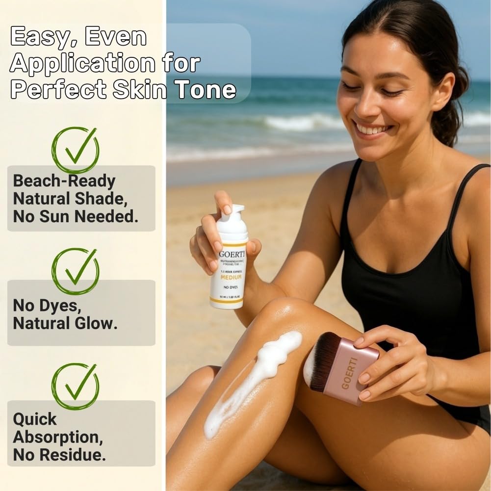 GOERTI Self Tanner Mousse & Tanning Brush Set – 1.5 Hour Express Sunless Tanner for Face & Body | Medium Shade, Long-Lasting & Natural Glow | Vegan DHA Formula, No Streaks, No Dyes, Gentle on Skin