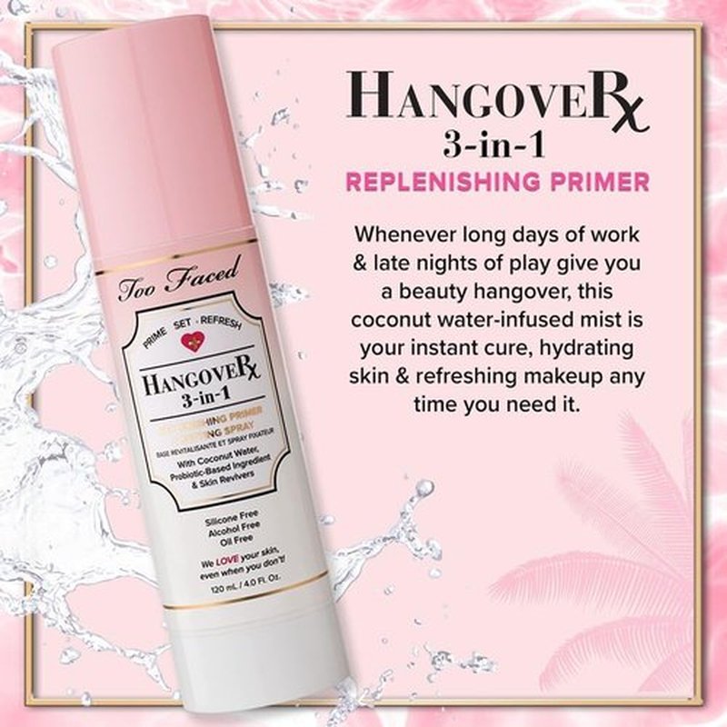 Too Faced Hangover 3-in-1 Primer & Setting Spray |Long Lasting + Hydrating, 4.05 Fl Oz, Clear