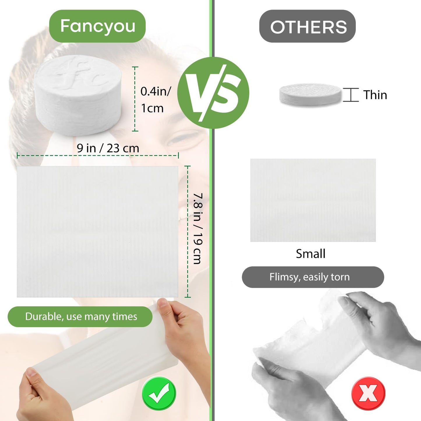 FANCYOU Disposable Towel Tablets 9"X7.5" 300 PACK Individule Wrapped Expandable Facial Mini Cleansing Towelettes Compressed Mini Towel Wipes Tablets For Personal (White)