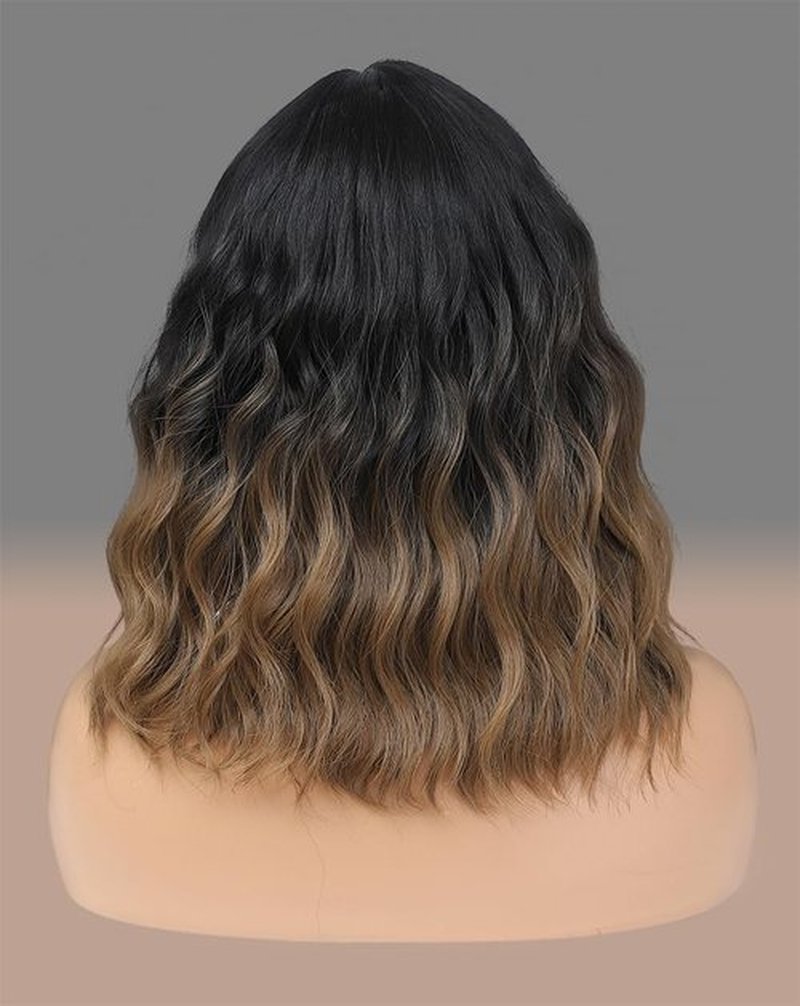 Short Brown Wigs with Bangs 14Inch Ombre Brown Curly Bob Wig for Women Shoulder Length Natural Looking Hair Replacement Wig for Daily Party Use Cosplay Costume Halloween Wig