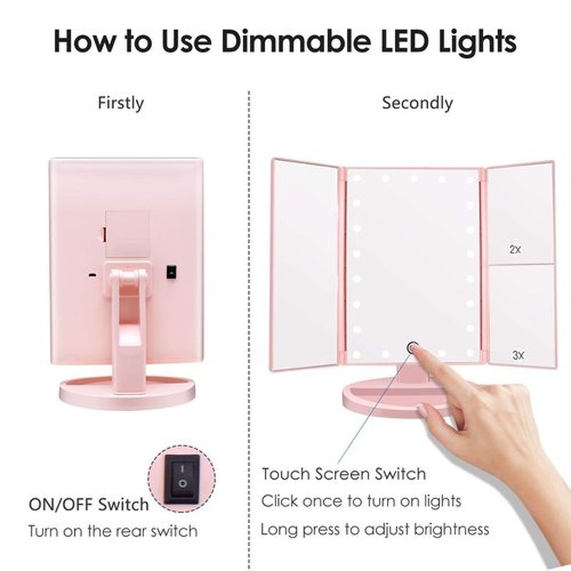 WEILY Makeup Mirror with 21 LED Lights,Two Power Supply Modes, Adjustable Touch Screen and 1x/2x/3x Magnification Tri-Fold Vanity Mirror, Chargeable Travel Cosmetic Mirror for Desktop (Pink)