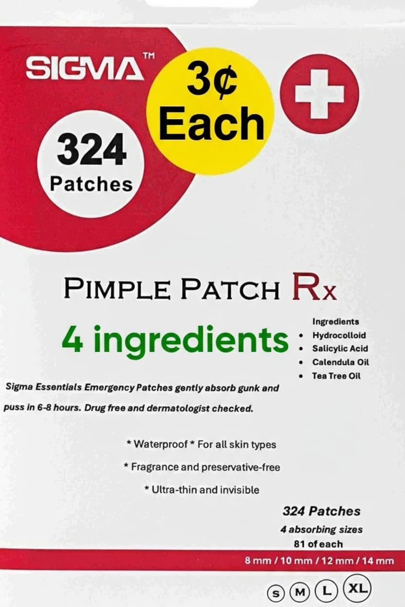 (3¢ Each) Pimple Patches 324 Pack - Hydrocolloid Acne Patches with Salicylic Acid & Tea Tree Oil - 4 Sizes S/M/L/XL - Face Acne Treatment - Easy Peel Perforated Sheets