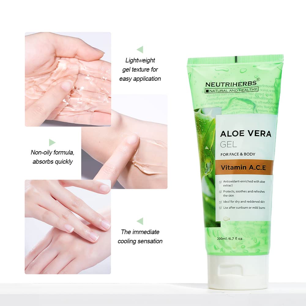 Neutriherbs Aloe Vera Gel Pure Aloe Vera Juice with Vitamin A, C, E for Sunburns Acne Dry Skin and Itch Soothing and Moisturing 6.7 Fl Oz