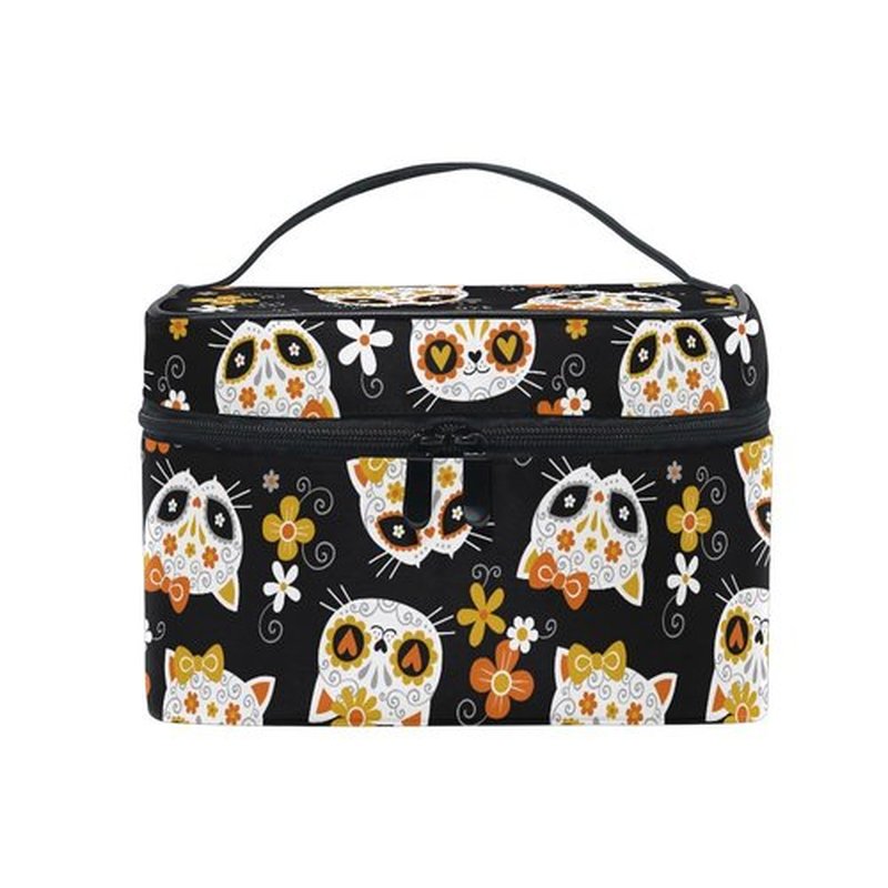 Cosmetic Bag Cat Sugar Skulls Flowers Travel Makeup Organizer Bag Portable Train Case for Women Girls