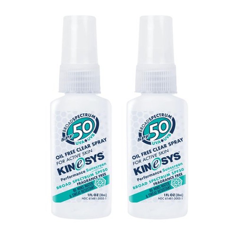 KINeSYS Fragrance Free Clear Spray Sunscreen for sensitive skin, SPF 50, Hypoallergenic, Broad Spectrum UVA/UVB protection Face & Body; PABA and Oxybenzone FREE, 170+ Sprays, 1 Fl Oz/30 ml (Pack of 2)