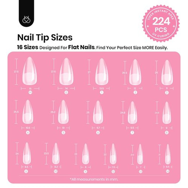 Beetles Tipex Instant Apex Nail Tips, 224Pcs 16 Sizes Pre-Building & Pre-Etched Gel Nail Tips Medium Stiletto Thicker Acrylic Nails False Nail Extension with Uv Nail Glue Nail Lamp for Flat Nails