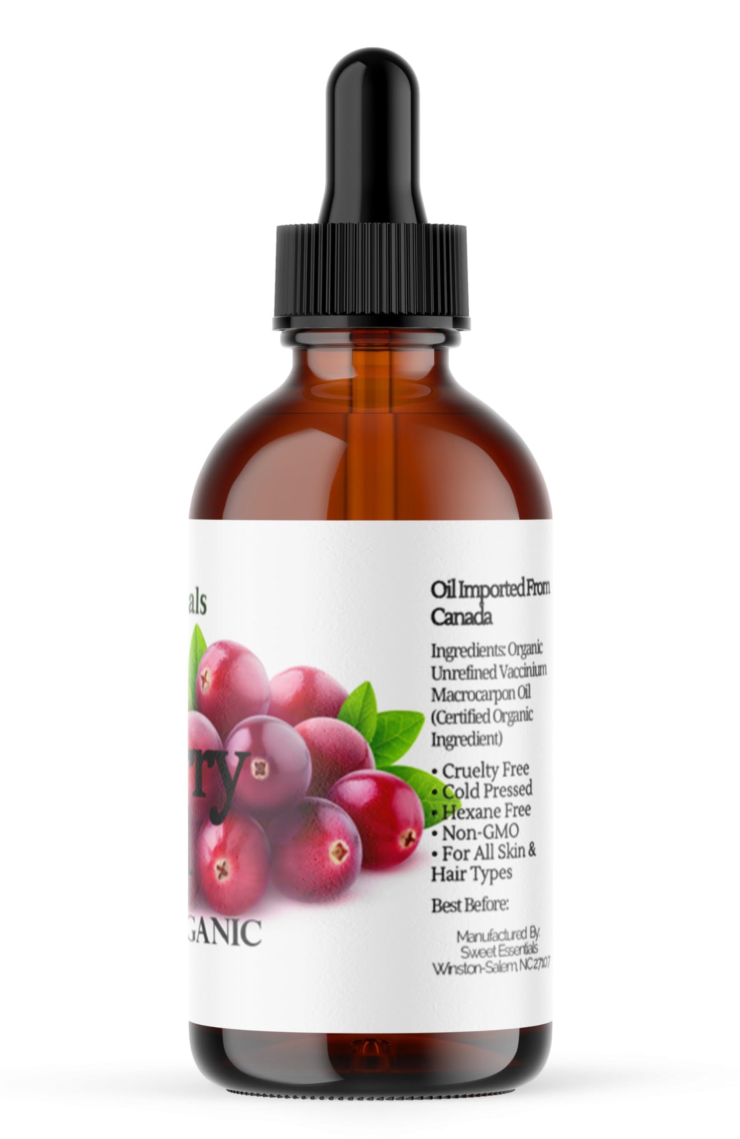 Sweet Essentials Organic Virgin Cranberry Seed Oil | Imported From Canada | Various Sizes | 100% Pure| Unrefined | Cold-Pressed | Natural Moisturizer for Skin, Hair & Face (4 fl oz Glass)