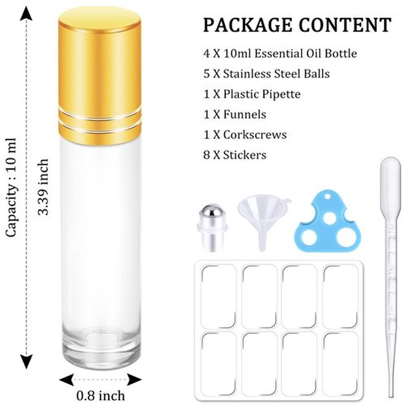 10ml Clear Glass Essential Oil Roller Bottles, Refillable Roll on Bottles with Gold Caps for Castor Travel, 4 Pack Roller Bottles for Essential Oils, Perfume Rollerball Empty