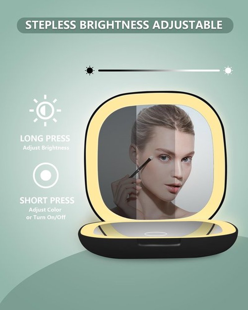 Dec.Metu Compact Mirror, 1X/5X Magnification Pocket Travel Makeup Mirror with Lights for Purse Rechargeable Small Handheld Mirror for Gift Black